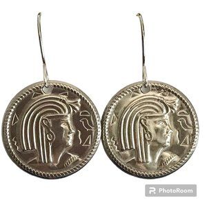 Vintage Egyptian Coin Charm Earrings Silver Plated Dangle Egypt Lady Queen